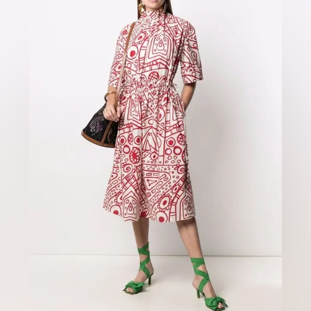 COLVILLE Red White Kitchen Dinner Abstract printed cotton-poplin midi dress Sz 6